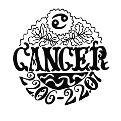 Drawn black and white vector illustrations of the zodiac sign Cancer. The Style Of Art Deco. The circular composition is decorated with floral elements. A handwritten name. The astronomical date.