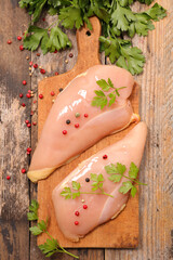 raw chicken fillet on wooden board