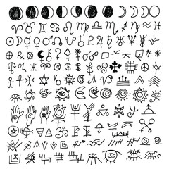 A large set of alchemical, astrological, and esoteric signs. Symbols of zodiac signs, planets, asteroids, and moon phases.  Vector black icons isolated on a white background. Sketch in Doodle Style.