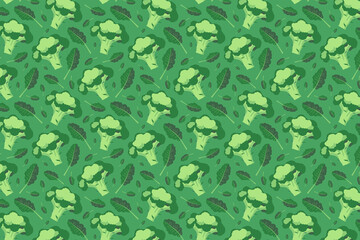 Broccoli and leaf pattern. Bright green food pattern on green