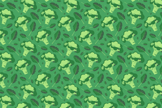 Broccoli And Leaf Pattern. Bright Green Food Pattern On Green