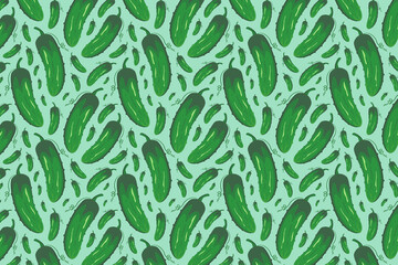 Fototapeta na wymiar Cucumber pattern on green. Bright food pattern