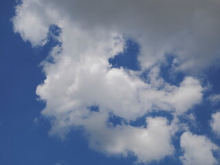 ant's eye view of fat white clouds moving with blue sky background.