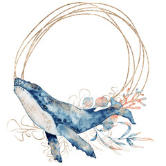 Watercolor golden frame with whale and flowers hand drawn  illustration isolated on white background
