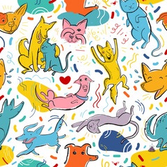 Seamless vector pattern with cute color cats and dogs in different poses and emotions, best friends