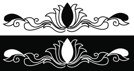 Border design concept of Lotus flower with spirals and leaves isolated on black and white background 