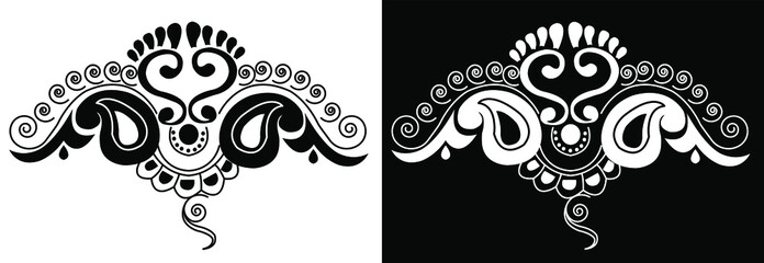abstract floral ornamental design concept of alpona with leafy petals and spirals isolated on black and white background