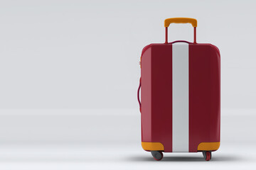 Latvia flag on a stylish suitcases back view on color background. Space for text. International travel and tourism concept. 3D rendering.