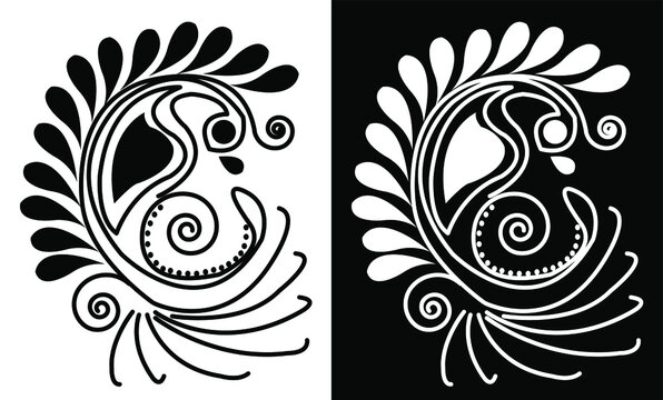 Indian Alpona design concept of peacock with flower feathers isolated on black and white background 
