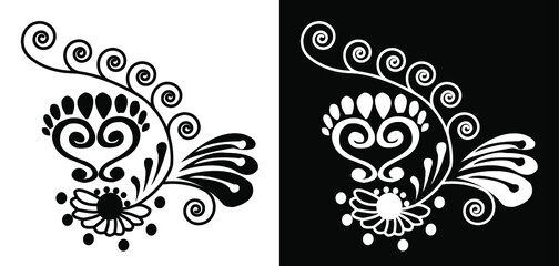 Floral pattern with spirals, leaves and lord footprints is in black and white background