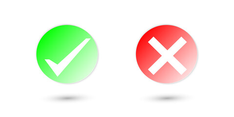 Green check mark icon, Red check mark icon.Tick symbol in green color and red color, Button icons for: Accepted Rejected, Approved Disapproved, Yes No, Right Wrong. vector illustration.