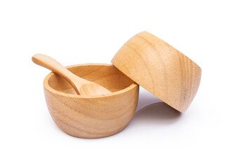 Empty wooden bowl and spoon isolated on white background