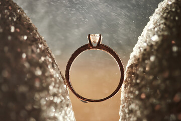 Wedding rings between the shoes of the bride with splashes of perfume in the background