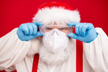 Closeup photo old outraged santa talk skype webcam calling government ministers complaining holiday...