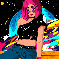 Bright sexy young woman in the style of psychedelic pop art