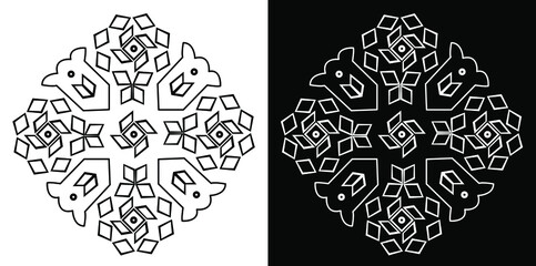 Rangoli design concept of geometrical line art isolated on black and white background 