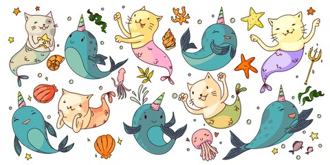 Mermaid cats and unicorn narwhals. Fantasy underwater animals set. Funny mermaid cats, unicorn narwhals, sea shell, jellyfish, starfish collection. Fairy ocean nature drawings