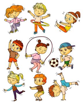 Kids sports. Children working out, doing sports activity set. Happy kids people training, exercising, doing gymnastics, squats, skipping, playing soccer, dancing childhood lifestyle collection