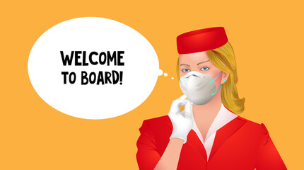 Travel poster with stuard girl in medical mask. Use it for print or web advertisement creation.