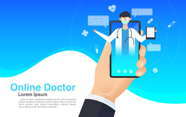Online medical advise or consultation service, Phone Video Call to the Doctor Through the Application on the Smartphone, Online medicine concept, Vector EPS 10