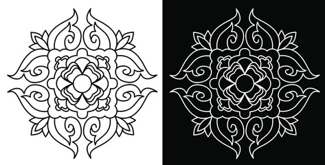 Rangoli or Kolam design concept of floral line art isolated on black and white background