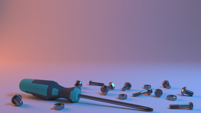 3D illustration presentation background for fixing building repairing parts tools bolts screws screwdriver wrench collection adjust set rivet work hardware tool industrial construction equipment 