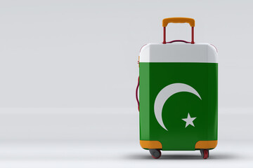 Pakistan flag on a stylish suitcases back view on color background. Space for text. International travel and tourism concept. 3D rendering.