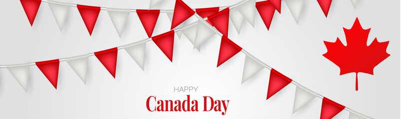 Canada day banner or header background. 1st of July national holiday design. Red and white bunting. Simple vector illustration.
