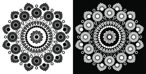 Beautiful Indian traditional and Cultural Rangoli mandala design concept of flora art isolated on black and white background 