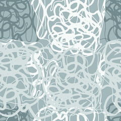 Seamless vector pattern with abstract curls. Swirled brush strokes.  Ink freehand scribbles, abstract background. Brushstrokes, smears, lines, squiggle pattern. Gray monochrome