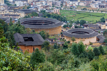 High angle view of three Fujian Tulou