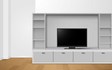 lcd tv on white showcase and cabinet in the livingroom