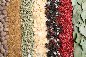 Many different spices as background, top view