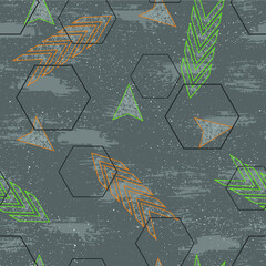 Abstract seamless pattern. Arrow, lightning, hexagon, spray effect, grunge texture. Extreme sport style illustration. Trendy urban colorful background.