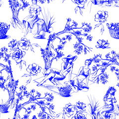 Seamless pattern in toile de jour style. Different hand-drawn compositions with women. Texture for ceramic tile, wallpapers, wrapping gifts, web page backgrounds. Vector illustration