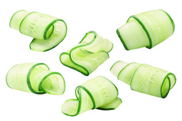 Cucumber curls, rolled up slices or shavings, isolated w clipping paths