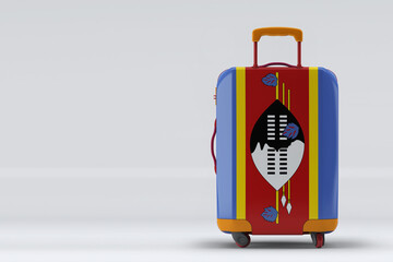 Swaziland flag on a stylish suitcases back view on color background. Space for text. International...
