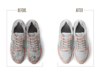 Pair of trendy shoes before and after cleaning on white background, top view