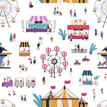 Cartoon tiny people spending time together at amusement park seamless pattern. Man, woman, children and couple at attraction area vector flat illustration. Family entertainment outdoor leisure