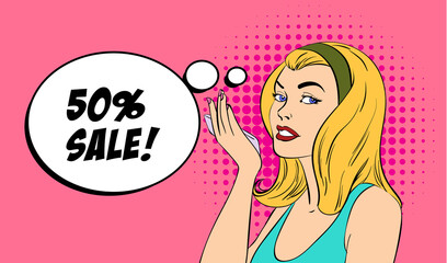 Cartoon style sexy young girl. Poster in comic book style. Vector illustration.