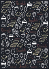 Chocolate banner with hand draw doodle background. Simple sketches of different kinds of cocoa and chocolate production.
