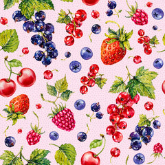 Strawberry, raspberries, blueberries,
black and red currant. Berries. Watercolor botanical hand drawn illustration. Seamless pattern