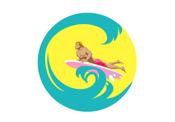 Summer poster with surfer in cartoon style on sea background. Vector illustration.
