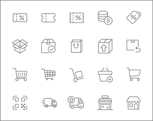 Set of e-commerce icons line style. It contains such Icons as shopping, delivery, package, box, coupon, cart, adding, shipping, tags, market and other elements.