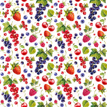Strawberry, raspberries, blueberries,
black and red currant. Berries. Watercolor botanical hand drawn illustration. Seamless pattern