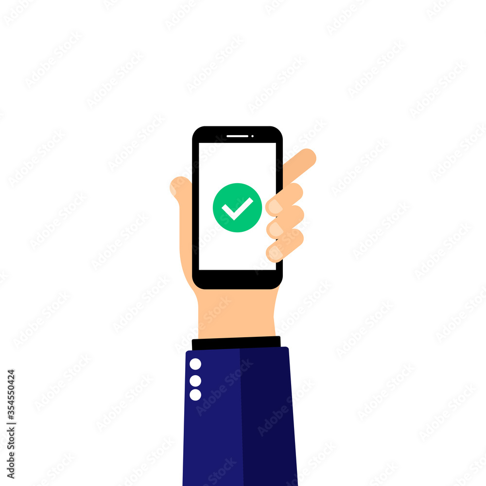 Poster hand holds smartphone with green checkmark icon on mobile screen. task complete concept. eps 10 vect