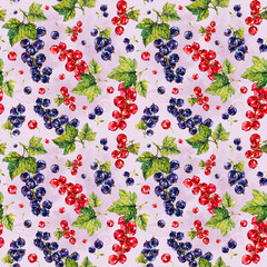 Black and red currant. Berries. Watercolor botanical hand drawn illustration. Seamless pattern