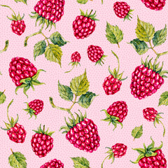 Raspberry. Berries. Watercolor botanical hand drawn illustration. Seamless pattern