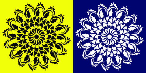 Beautiful Indian traditional and Cultural Rangoli mandala design concept of flora art isolated on yellow and blue background 
