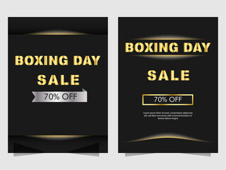 Set of Boxing Day Sale flyer, brochure and posters for web and prints. Vector illustration golden frame with gift box in white wood texture and black background